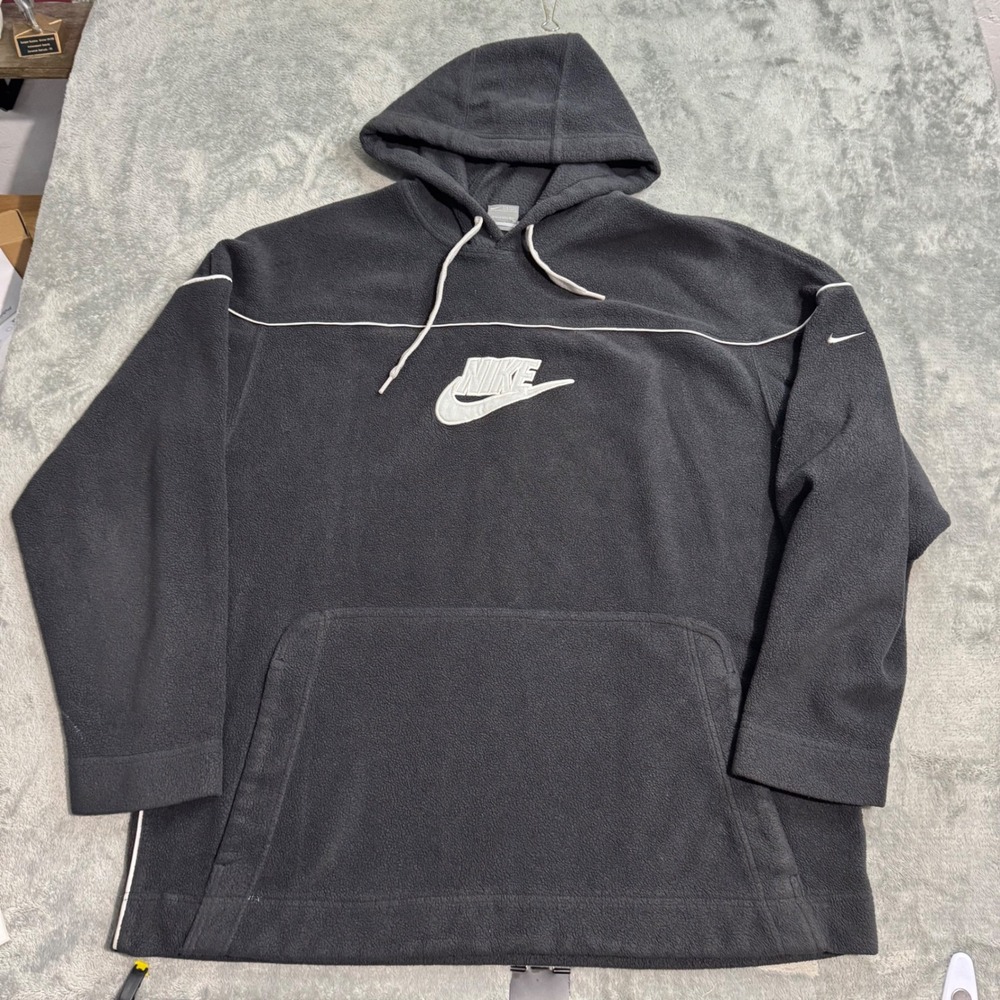 VTG Y2K Nike Fleece Hoodie Mens Large Gray Embroidered Spellout Piping Pullover